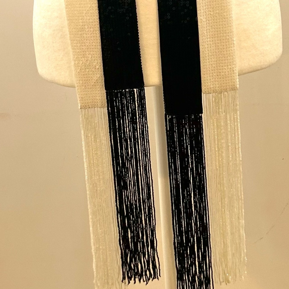 Per Se Black, White Sequined and Beaded Sash Belts Set with Fringe - Picture 4 of 13